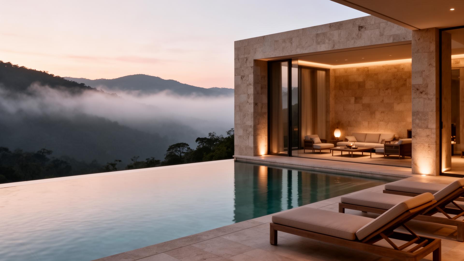 Infinity pool overlooking misty mountains at Sanctuary